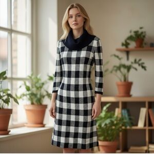 Talbots Cashmere Blend Buffalo Plaid Sweater Dress Black White Size P XS